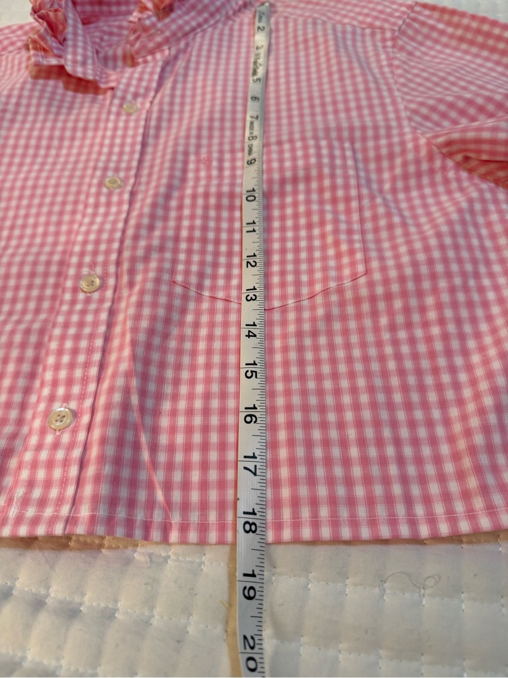 Upcycled Pink Gingham Button-Up Shirt with Ruffle Collar - Picture 9 of 9